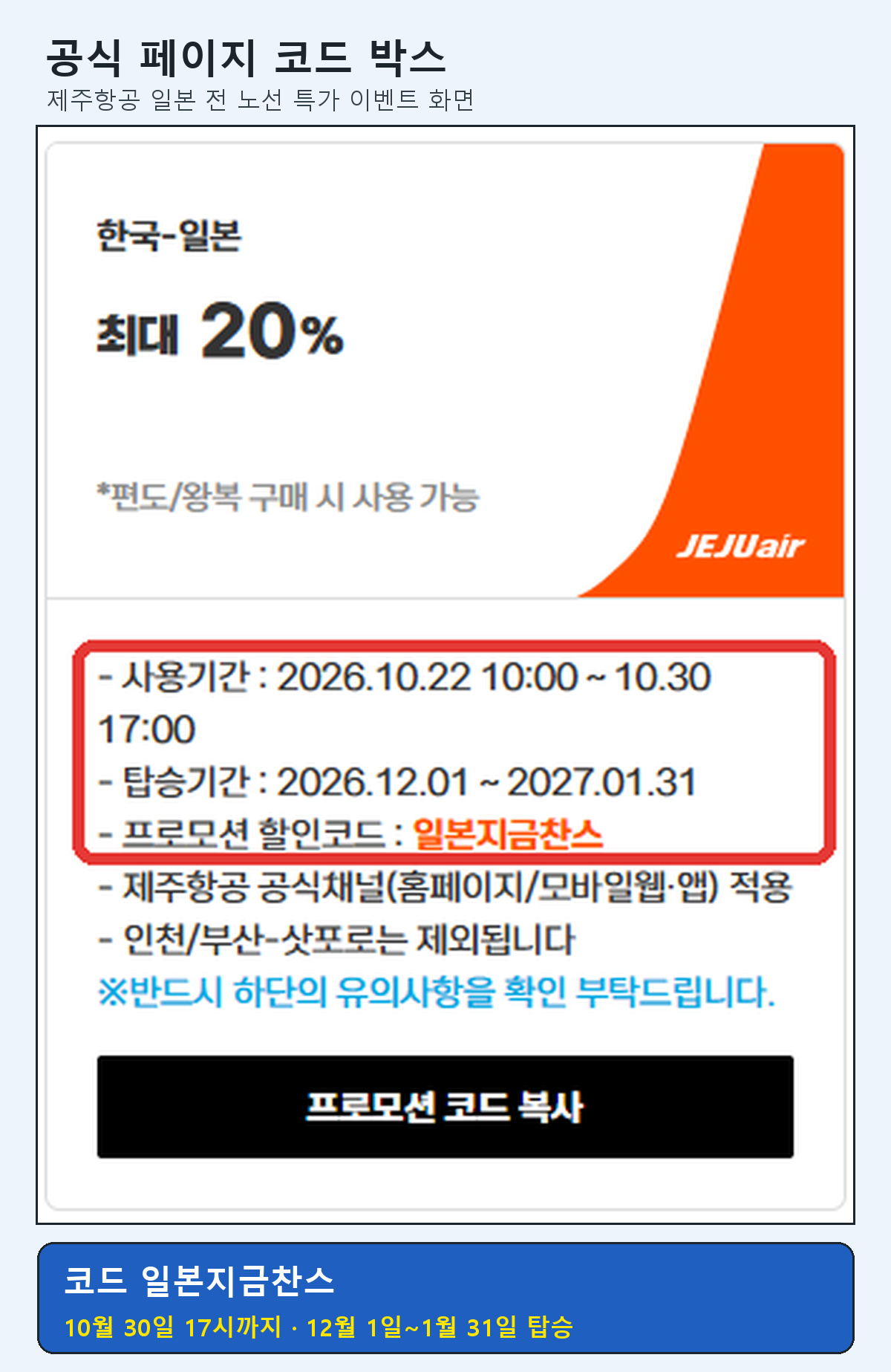 제주항공 일본 노선 할인코드 일본지금찬스 사용기간 2026년 10월 22일부터 10월 30일 17시 탑승기간 12월 1일부터 1월 31일 공식 이벤트 화면